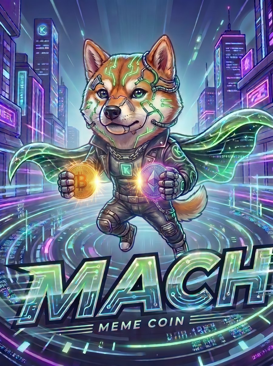MACH, a cybernetic shiba in a cape holding a Bitcoin and an Ethereum coin over a neon city